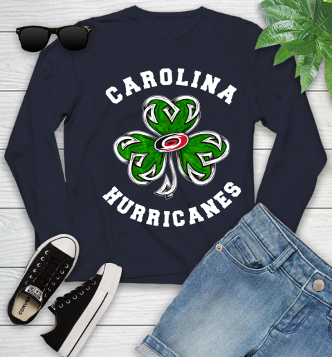 NHL Carolina Hurricanes Three Leaf Clover St Patrick's Day Hockey Sports Youth Long Sleeve 2