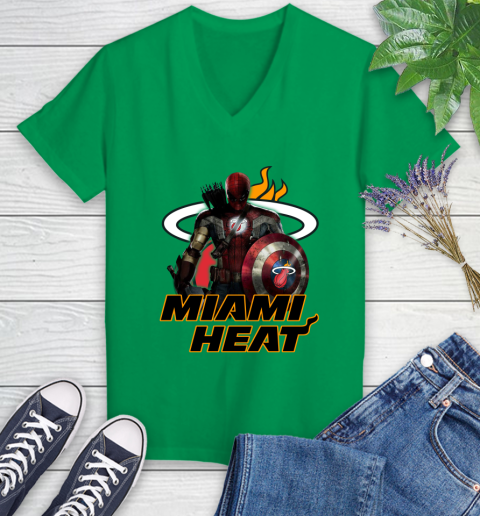 Miami Heat NBA Basketball Captain America Thor Spider Man Hawkeye Avengers Women's V-Neck T-Shirt 5