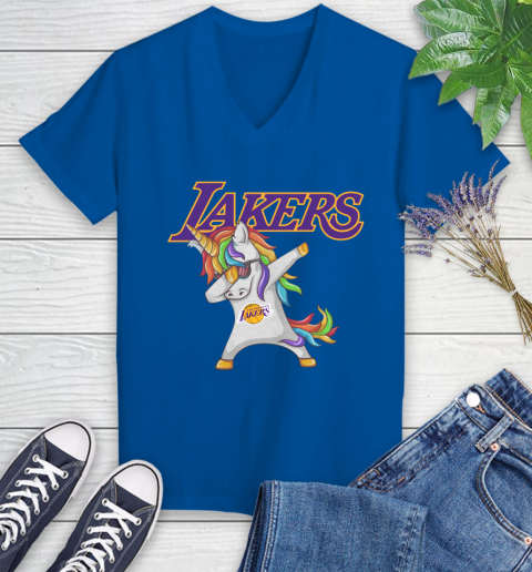 Los Angeles Lakers NBA Basketball Funny Unicorn Dabbing Sports Women's V-Neck T-Shirt 10