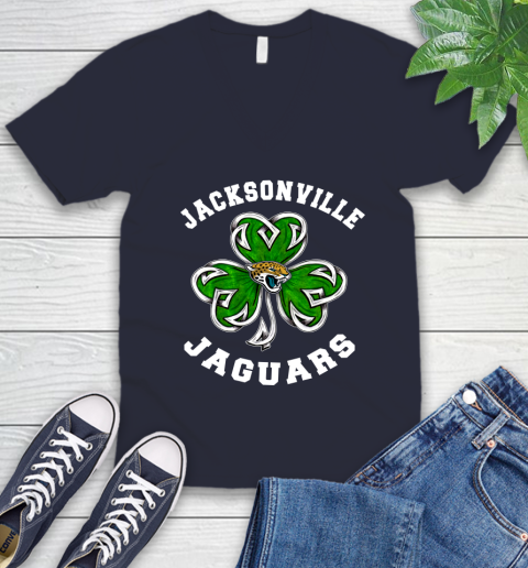 NFL Jacksonville Jaguars Three Leaf Clover St Patrick's Day Football Sports V-Neck T-Shirt 2