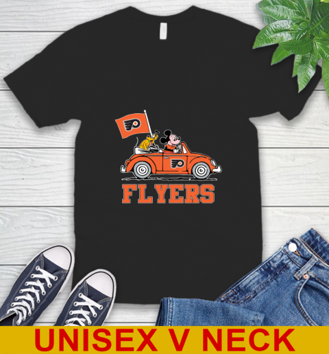 NHL Hockey Philadelphia Flyers Pluto Mickey Driving Disney Shirt V-Neck T-Shirt 2