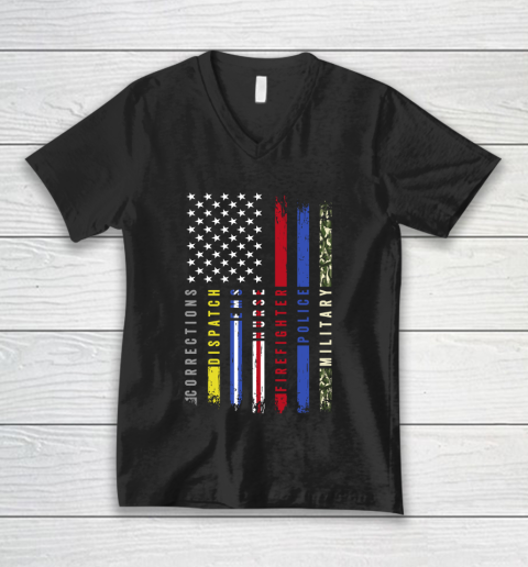 Thin Blue Line First Responders Hero Flag USA Salute V-Neck T-Shirt