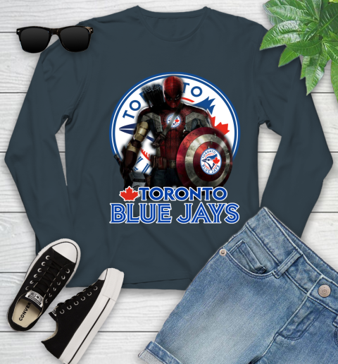 MLB Captain America Thor Spider Man Hawkeye Avengers Endgame Baseball Toronto Blue Jays Youth Long Sleeve 8
