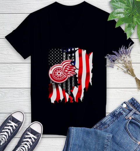 Detroit Red Wings NHL Hockey American Flag Women's V-Neck T-Shirt
