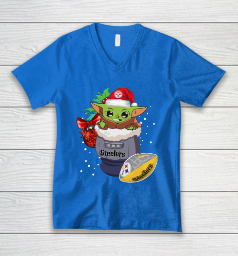 Pittsburgh Steelers Christmas Baby Yoda Star Wars Funny Happy NFL V-Neck T-Shirt 6