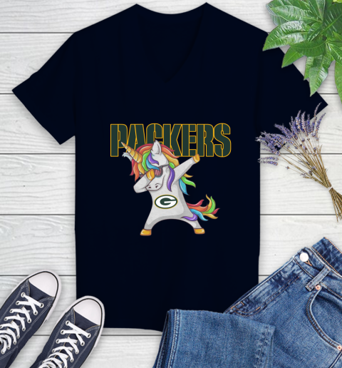 Green Bay Packers NFL Football Funny Unicorn Dabbing Sports Women's V-Neck T-Shirt 3