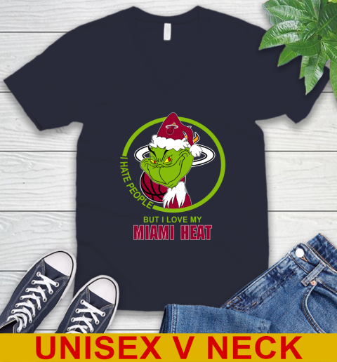 Miami Heat NBA Christmas Grinch I Hate People But I Love My Favorite Basketball Team V-Neck T-Shirt 3