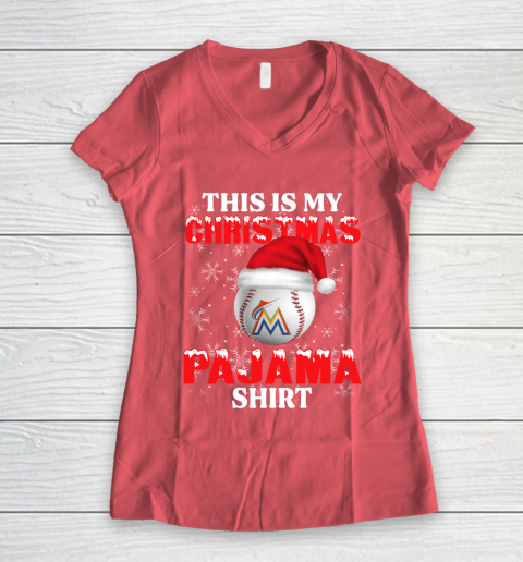 Miami Marlins This Is My Christmas Pajama Shirt MLB Women's V-Neck T-Shirt 4