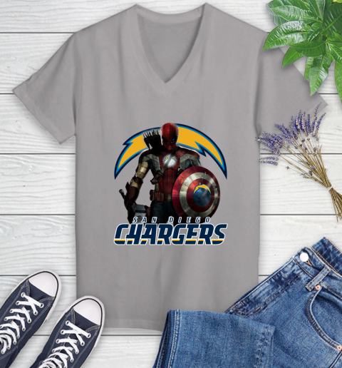 NFL Captain America Thor Spider Man Hawkeye Avengers Endgame Football San Diego Chargers Women's V-Neck T-Shirt 4