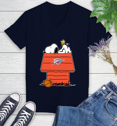 Oklahoma City Thunder NBA Basketball Snoopy Woodstock The Peanuts Movie Women's V-Neck T-Shirt 3