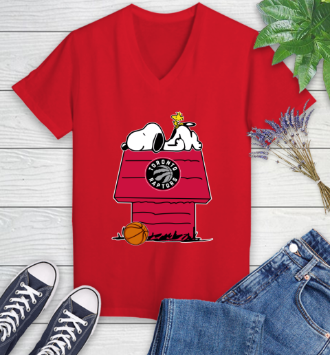 Toronto Raptors NBA Basketball Snoopy Woodstock The Peanuts Movie Women's V-Neck T-Shirt 12