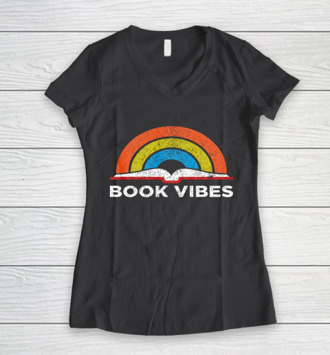 Reading Rainbow t shirt Vintage Retro Book Vibes Rainbow Gift for Reading Lovers Women's V-Neck T-Shirt 6