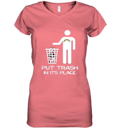 onj3 los angeles chargers put trash in its place women v neck t shirt 39 front coral