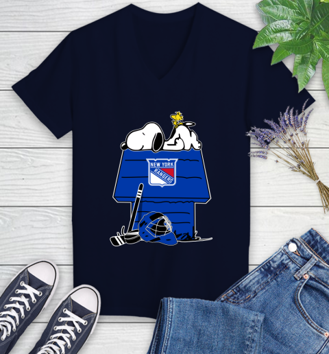 New York Rangers NHL Hockey Snoopy Woodstock The Peanuts Movie Women's V-Neck T-Shirt 3