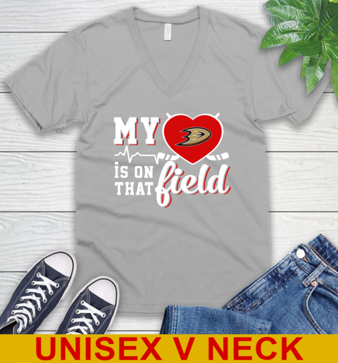 NHL My Heart Is On That Field Hockey Sports Anaheim Ducks V-Neck T-Shirt 3