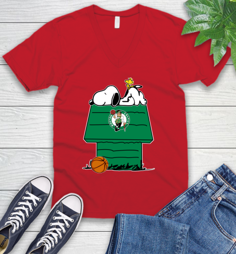 Boston Celtics NBA Basketball Snoopy Woodstock The Peanuts Movie V-Neck T-Shirt 7