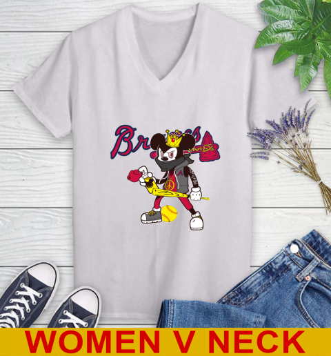 Atlanta Braves MLB Baseball Mickey Peace Sign Sports Women's V-Neck T-Shirt