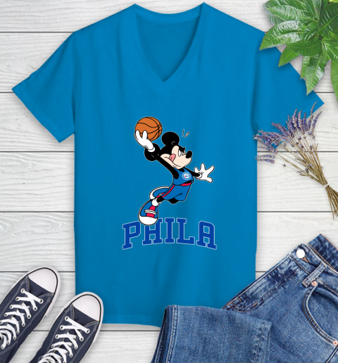 NBA Basketball Philadelphia 76ers Cheerful Mickey Mouse Shirt Women's V-Neck T-Shirt 6