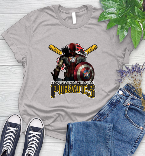 MLB Captain America Thor Spider Man Hawkeye Avengers Endgame Baseball Pittsburgh Pirates Women's T-Shirt 10