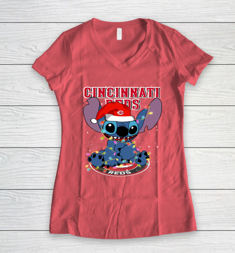Cincinnati Reds MLB noel stitch Baseball Christmas Women's V-Neck T-Shirt 3