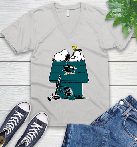 San Jose Sharks NHL Hockey Snoopy Woodstock The Peanuts Movie V-Neck T-Shirt