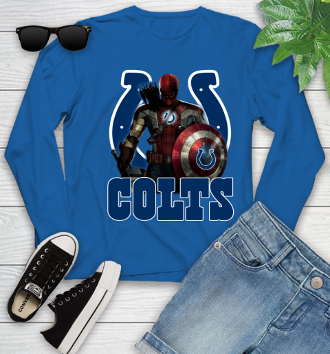 NFL Captain America Thor Spider Man Hawkeye Avengers Endgame Football Indianapolis Colts Youth Long Sleeve 9