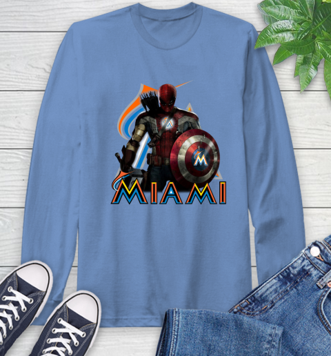 MLB Captain America Thor Spider Man Hawkeye Avengers Endgame Baseball Miami Marlins Long Sleeve T-Shirt 11