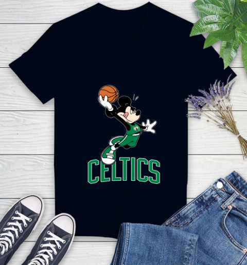 NBA Basketball Boston Celtics Cheerful Mickey Mouse Shirt Women's V-Neck T-Shirt 3