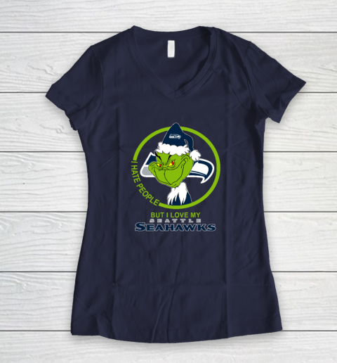 Seattle Seahawks NFL Christmas Grinch I Hate People But I Love My Favorite Football Team Women's V-Neck T-Shirt 7
