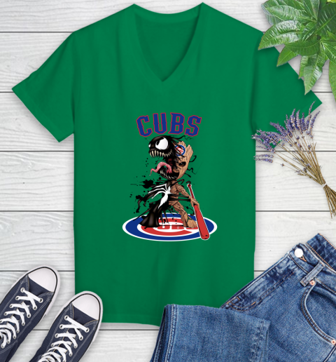 MLB Chicago Cubs Baseball Venom Groot Guardians Of The Galaxy Women's V-Neck T-Shirt 5