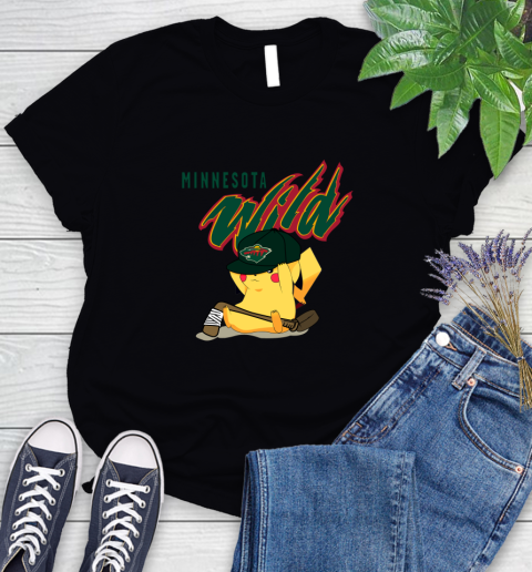 NHL Pikachu Hockey Sports Minnesota Wild Women's T-Shirt 2