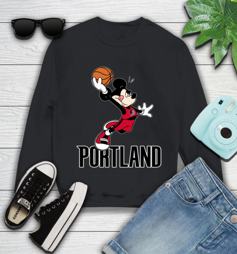 NBA Basketball Portland Trail Blazers Cheerful Mickey Mouse Shirt Youth Sweatshirt