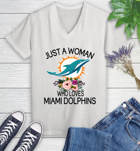 NFL Just A Woman Who Loves Miami Dolphins Football Sports Women's V-Neck T-Shirt