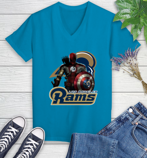 NFL Captain America Thor Spider Man Hawkeye Avengers Endgame Football Los Angeles Rams Women's V-Neck T-Shirt 7