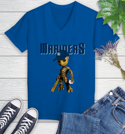 MLB Seattle Mariners Groot Guardians Of The Galaxy Baseball Women's V-Neck T-Shirt 10