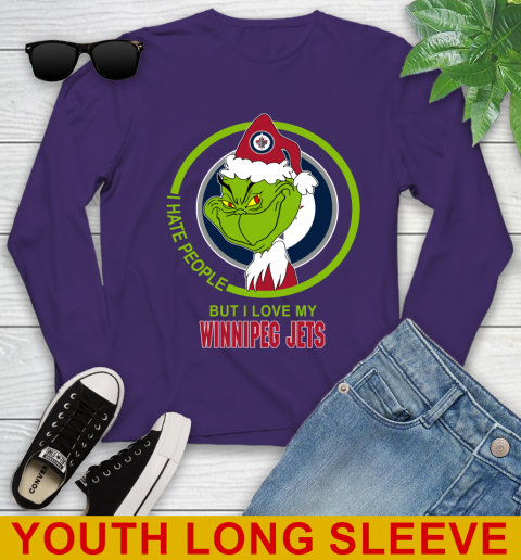 Winnipeg Jets NHL Christmas Grinch I Hate People But I Love My Favorite Hockey Team Youth Long Sleeve 5