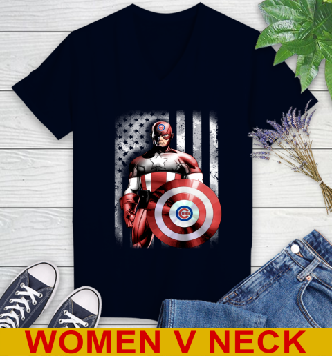 Chicago Cubs MLB Baseball Captain America Marvel Avengers American Flag Shirt Women's V-Neck T-Shirt 2