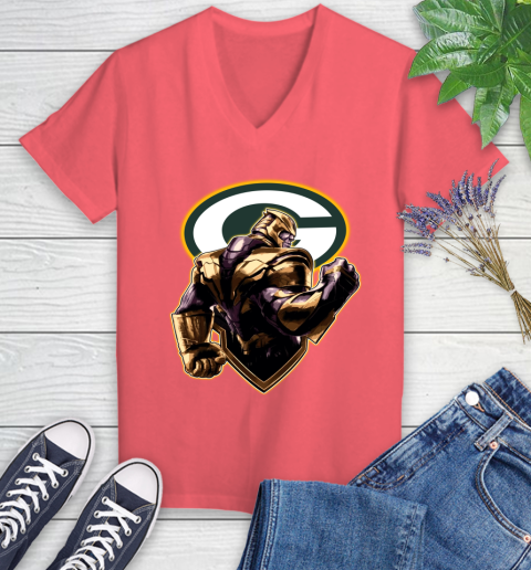 NFL Thanos Avengers Endgame Football Sports Green Bay Packers Women's V-Neck T-Shirt 6