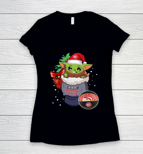 Atlanta Hawks Christmas Baby Yoda Star Wars Funny Happy NBA Women's V-Neck T-Shirt