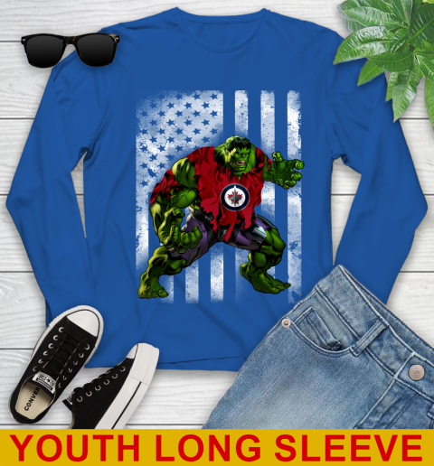 Winnipeg Jets Hulk Marvel Avengers NHL Hockey American Flag Youth Long Sleeve 10