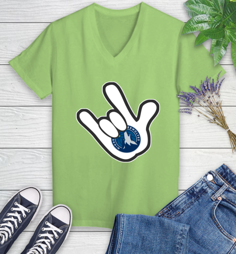 Minnesota Timberwolves NBA Basketball Mickey Rock Hand Disney Women's V-Neck T-Shirt 11