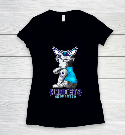 NBA Basketball My Cat Loves Charlotte Hornets Women's V-Neck T-Shirt