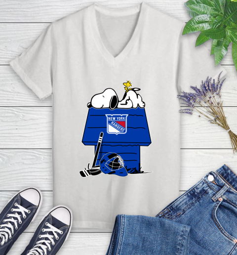 New York Rangers NHL Hockey Snoopy Woodstock The Peanuts Movie Women's V-Neck T-Shirt