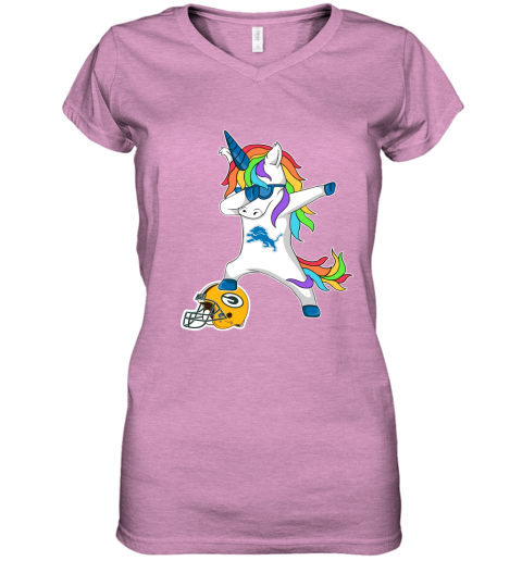 Football Dabbing Unicorn Steps On Helmet Detroit Lions Women's V-Neck T-Shirt