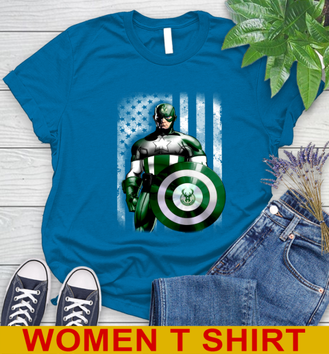 Milwaukee Bucks NBA Basketball Captain America Marvel Avengers American Flag Shirt Women's T-Shirt 8