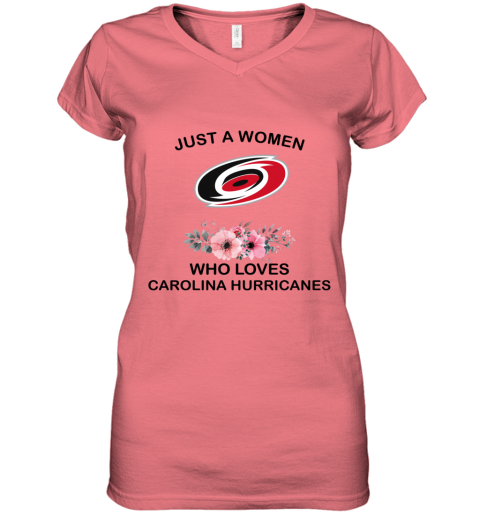 pk25 just a woman who loves carolina hurricanes women v neck t shirt 39 front coral