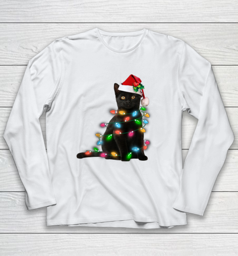 Black Cat christmas light tshirt funny cat lover christmas Youth Long Sleeve