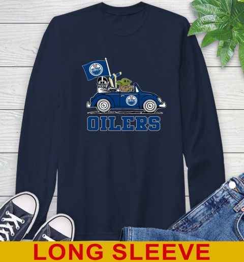 NHL Hockey Edmonton Oilers Darth Vader Baby Yoda Driving Star Wars Shirt Long Sleeve T-Shirt 4
