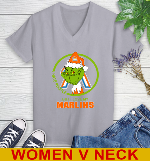 Miami Marlins MLB Christmas Grinch I Hate People But I Love My Favorite Baseball Team Women's V-Neck T-Shirt 5