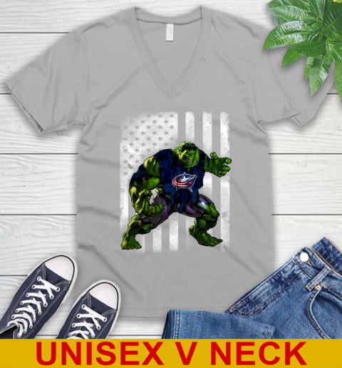 Columbus Blue Jackets Hulk Marvel Avengers NHL Hockey American Flag V-Neck T-Shirt - Image 4